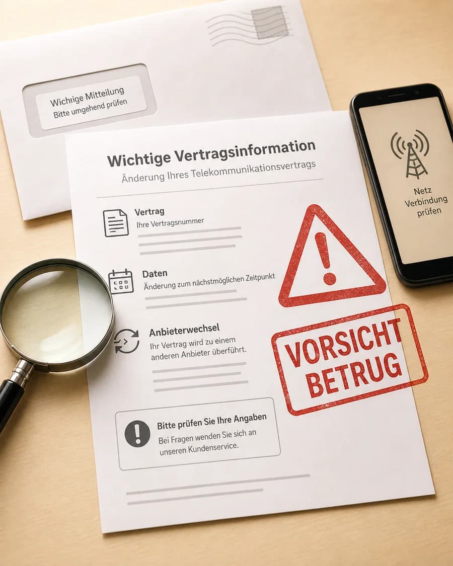 Beispiel einer Betrugswarnung mit Dokumenten und Smartphone