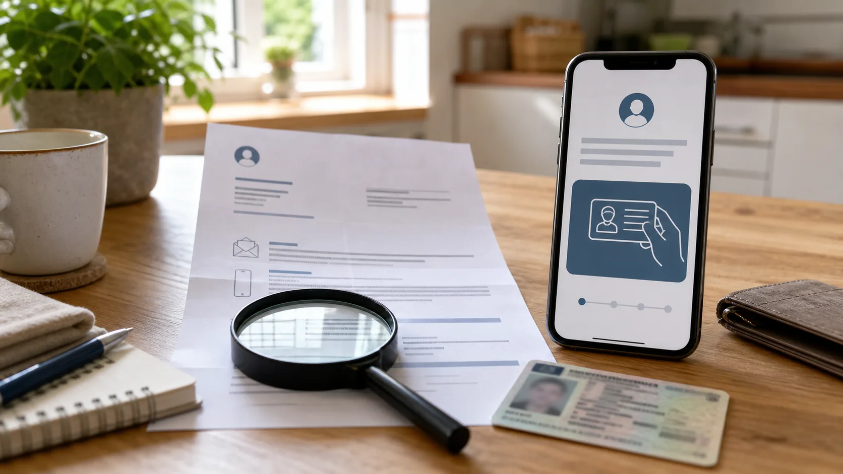 Sicherheitsunterlagen und Smartphone als Beispiel für eine ruhige Betrugsprüfung
